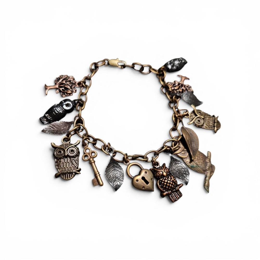 Vintage Bronze Owl Charm Bracelet Woodland Nature Heart Lock Key Mixed Metal